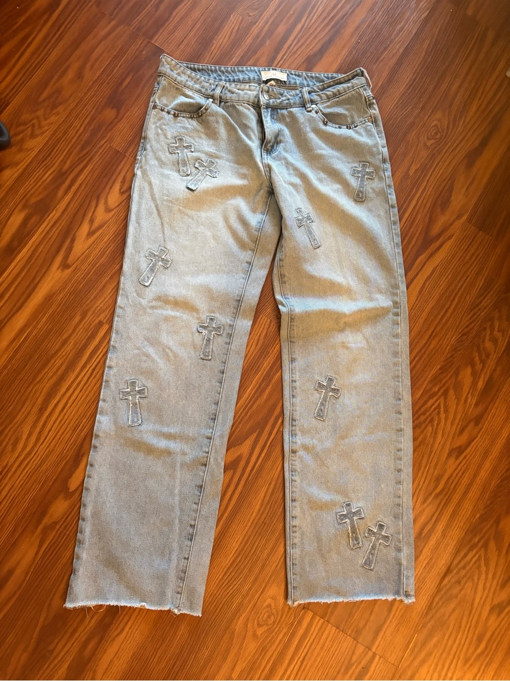 Women’s Light Blue Boot Cut Cross-Appliqué Jeans